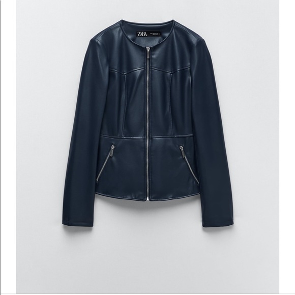 ZARA faux leather navy blue jacket Zipper front Fitted - Picture 3 of 7